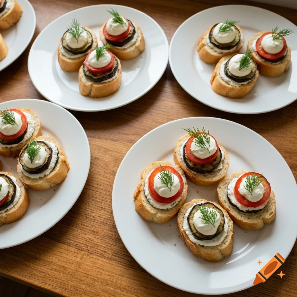 Top-down view of numerous plates filled with small baguette canapés topped with eggplant, tomato, cream, and dill on a wooden table.