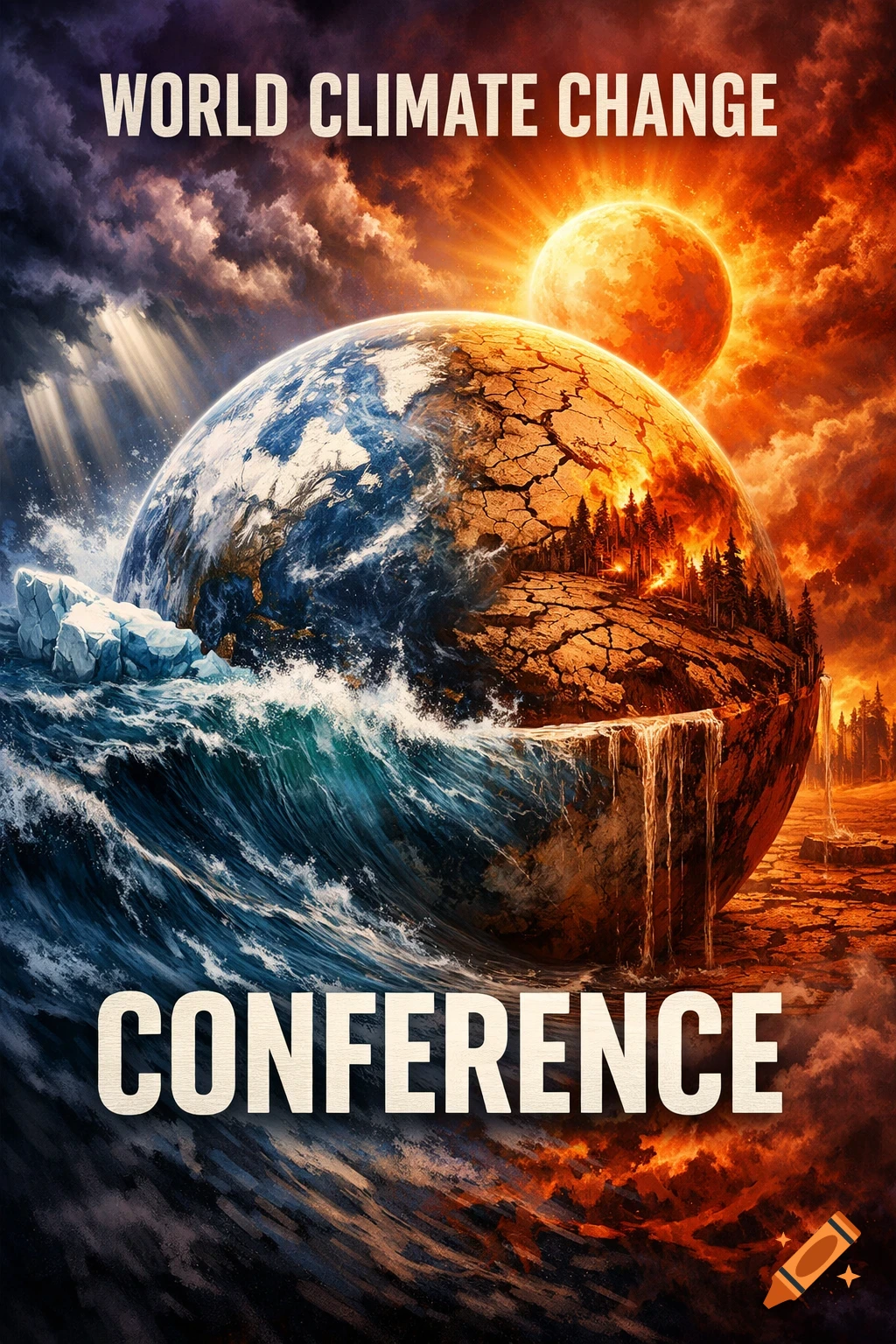 Dramatic poster for the World Climate Change Conference, showing Earth split between melting glaciers and drought-stricken, burning lands.