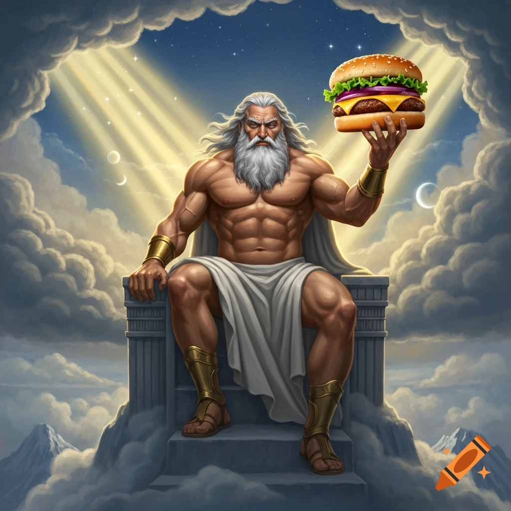 Muscular Zeus with a long beard sits on a cloud throne, holding a large hamburger under a starry sky with sun rays.