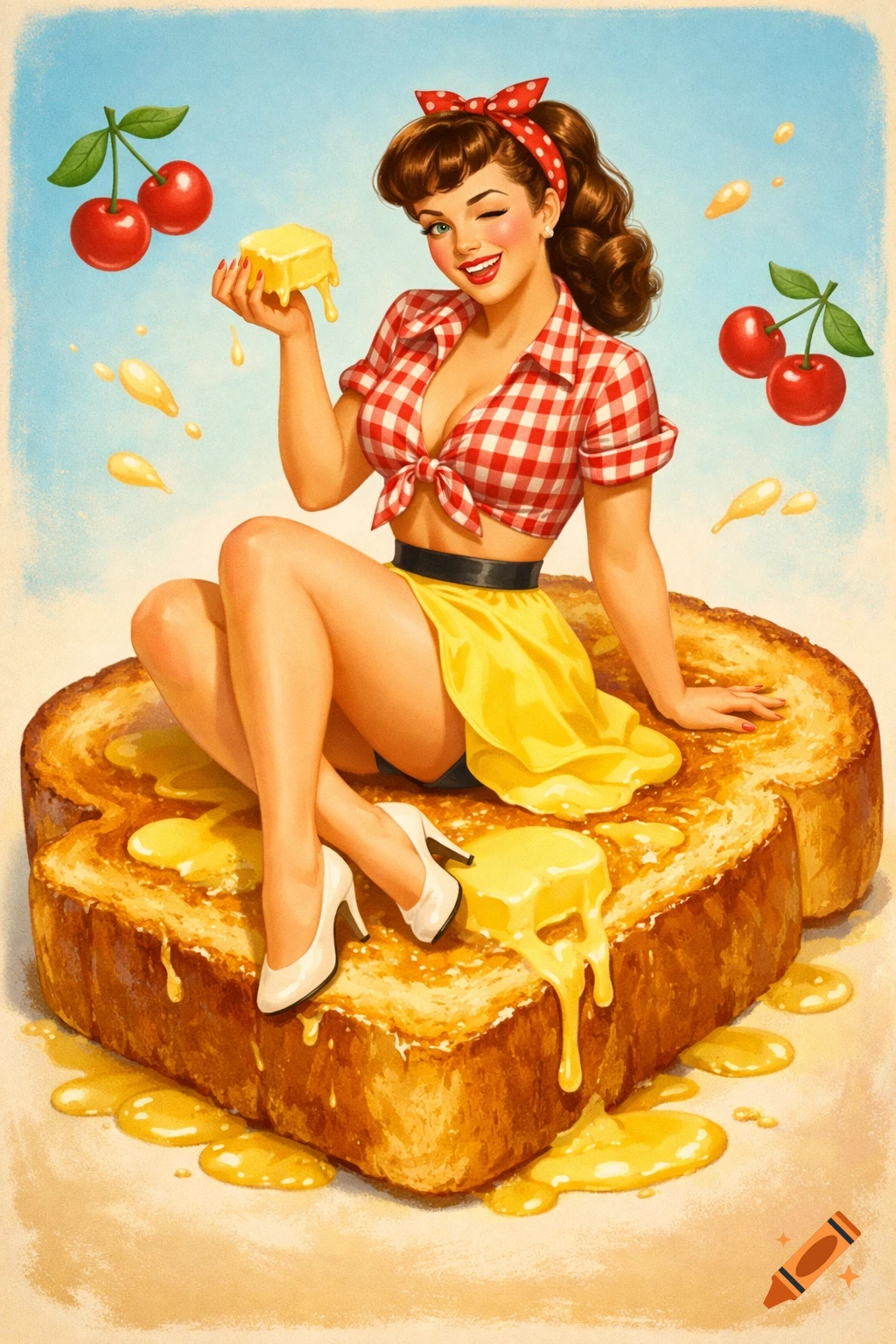 A smiling, winking pin-up girl in a red plaid top and yellow skirt sits on a giant buttered toast slice, holding butter, in a 1950s illustration style.