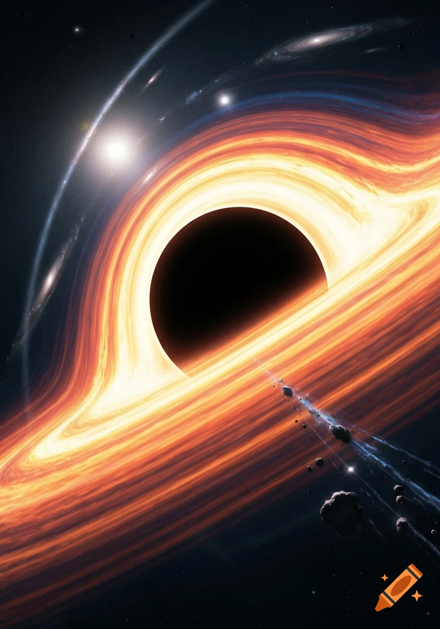 A massive black hole with a bright orange and yellow accretion disk, surrounded by distant stars, galaxies, and asteroids.