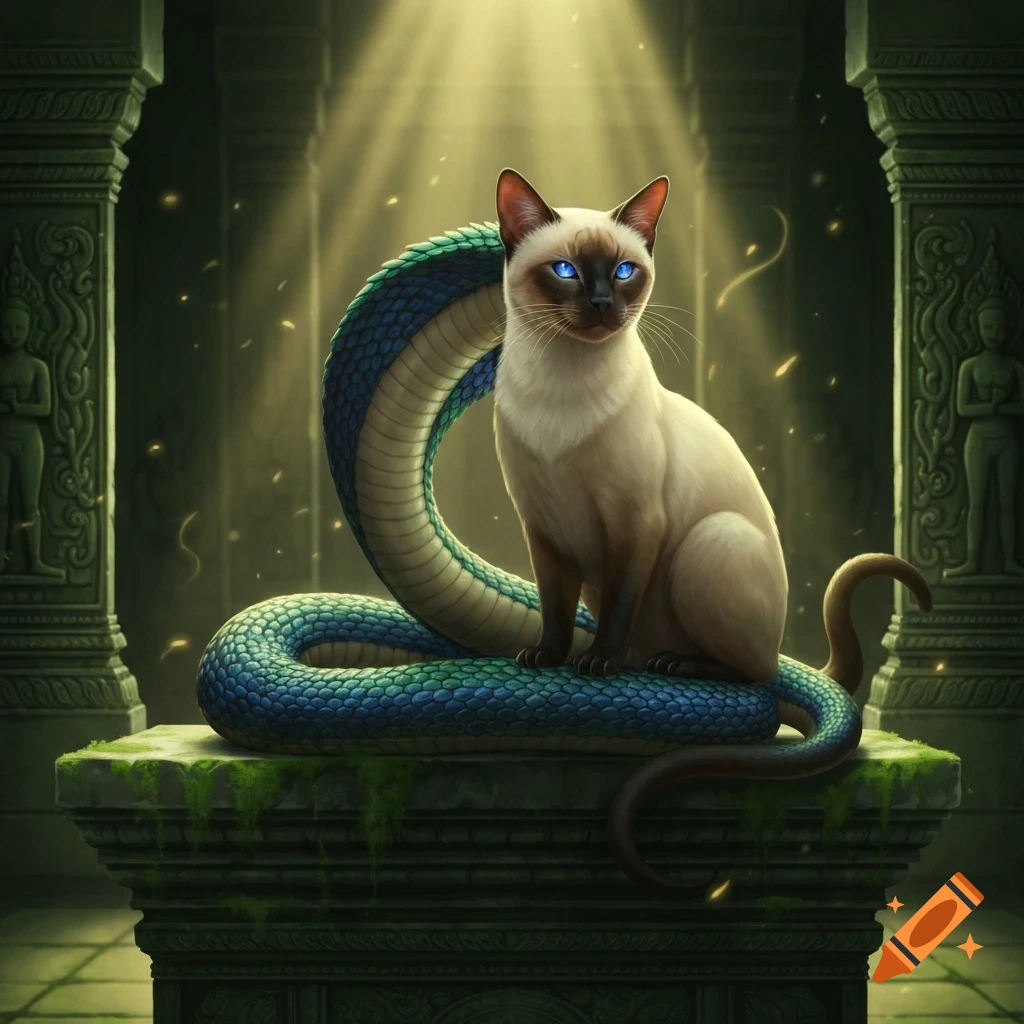 A Siamese cat with glowing blue eyes sits on a large, coiled blue and green snake in an ancient, sunlit temple ruin.