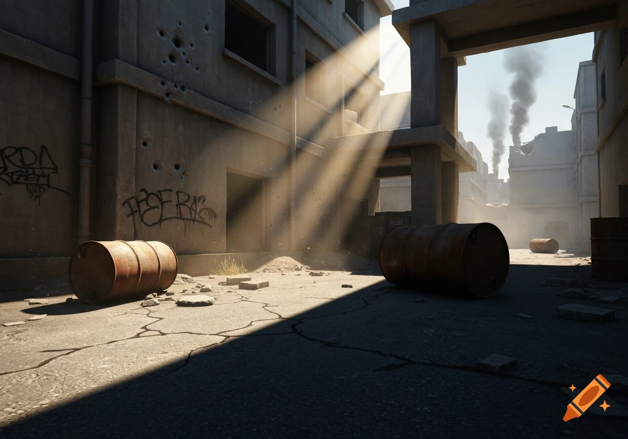 A desolate, war-torn urban alleyway with concrete buildings, sun rays, graffiti, and rusty barrels. Smoke rises in the distance.