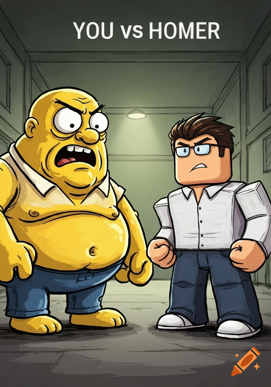 Cartoon illustration of an angry, yellow, overweight man facing a Roblox-style character, with the title 'YOU vs HOMER'.