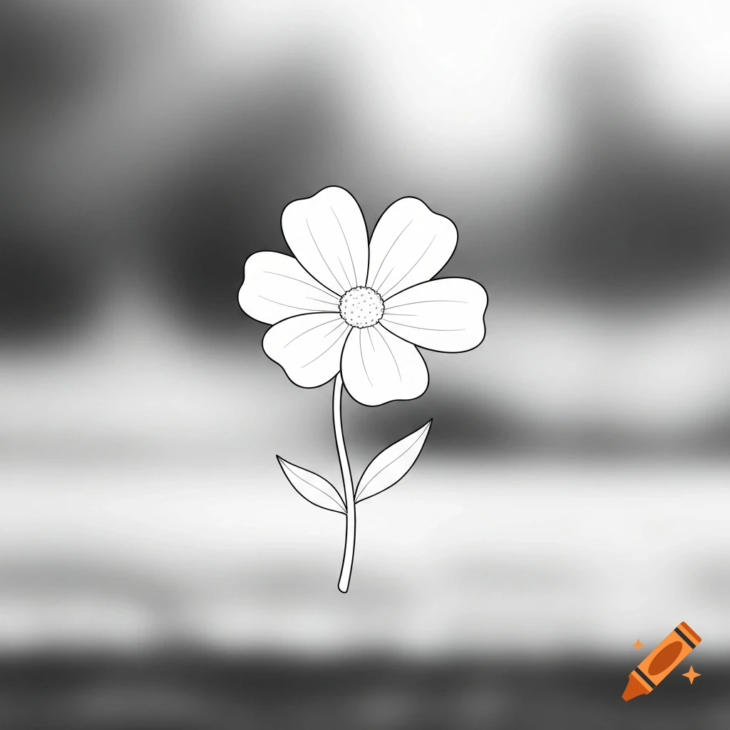Black and white line drawing of a single cute flower with a stem and two leaves on a blurred background.