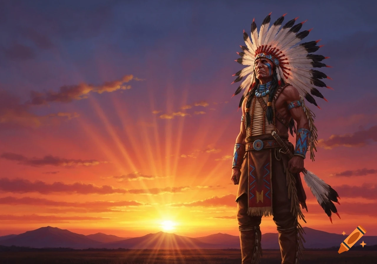 A proud Native American man in a feathered headdress and traditional attire stands against a vibrant sunset over mountains.