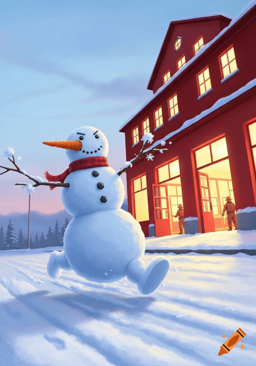 A cartoon snowman with an angry expression and red scarf runs through snow towards a red fire station at dusk, with two figures near the entrance.