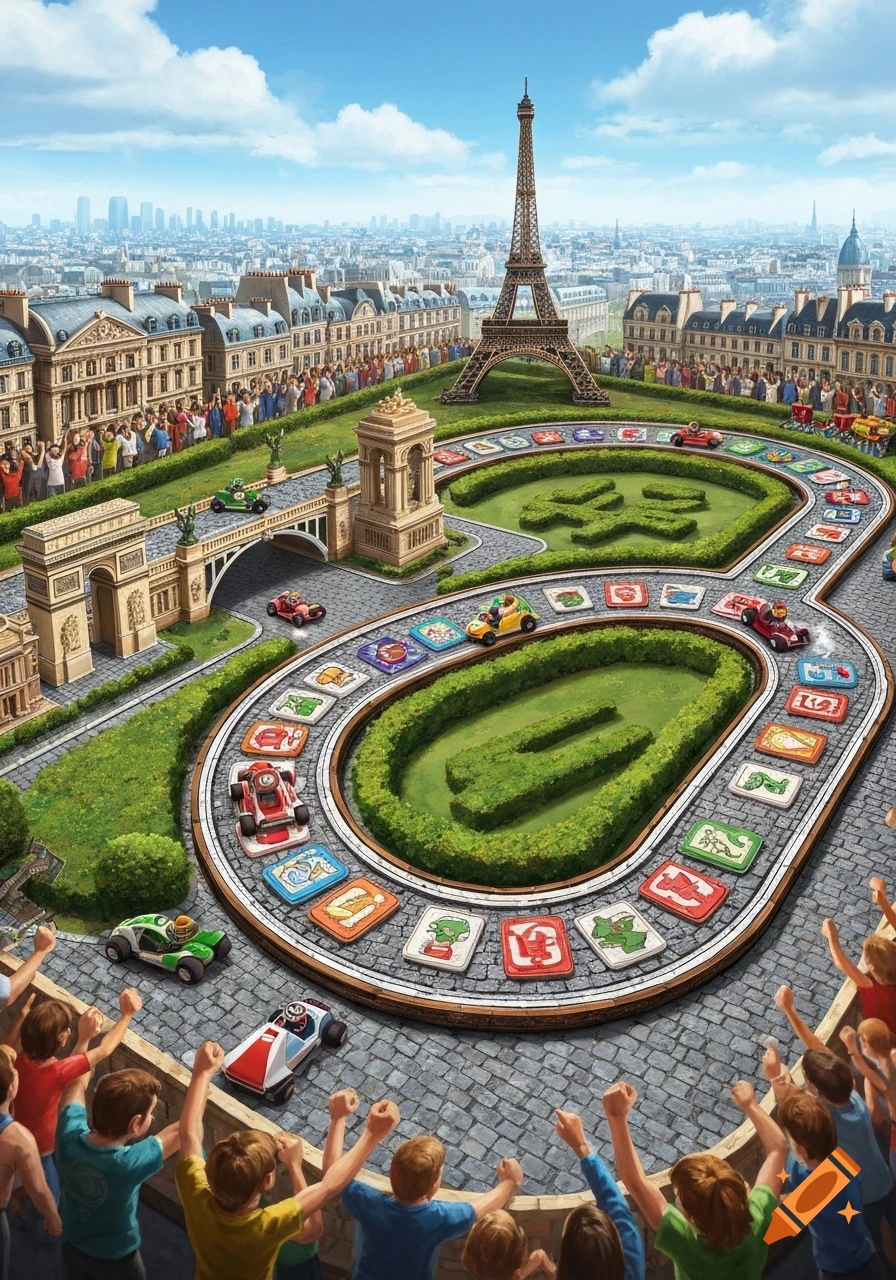 Illustrated aerial view of a colorful race car board game set in a stylized Paris cityscape with the Eiffel Tower, Arc de Triomphe, and cheering crowds.