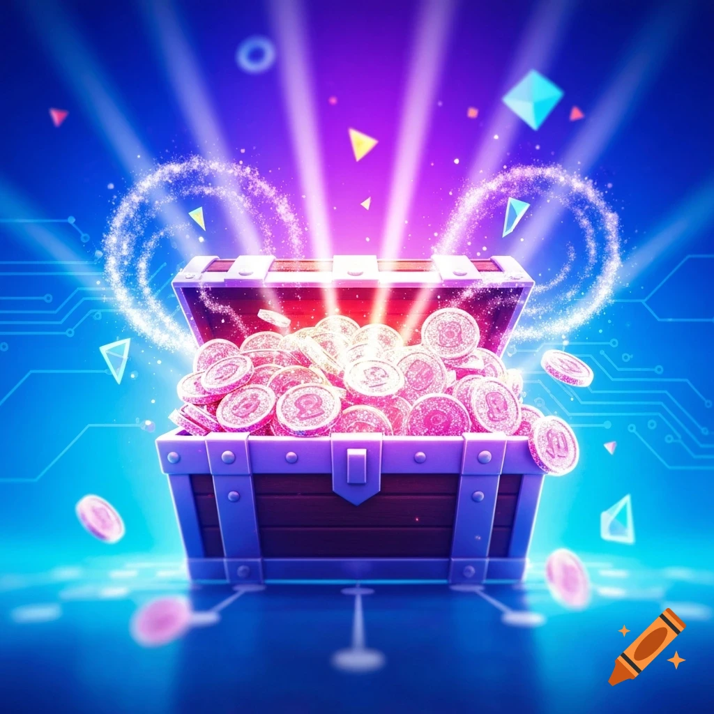 A vibrant, glowing treasure chest overflowing with pink coins, set against a blue and purple digital background with geometric shapes.
