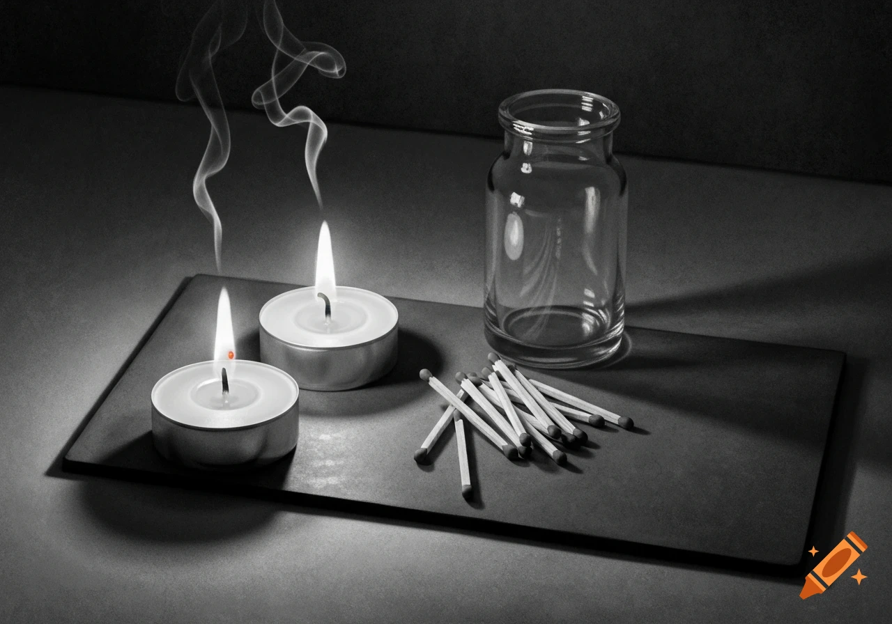 Black and white drawing of two lit tea candles with smoke, a pile of matches, and an empty glass jar on a dark surface.