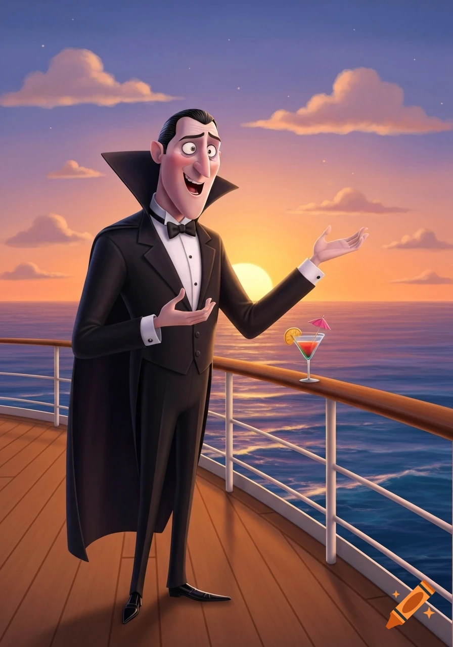 Cartoon Dracula in a tuxedo on a cruise ship deck, gesturing, with a cocktail and a sunset ocean backdrop.