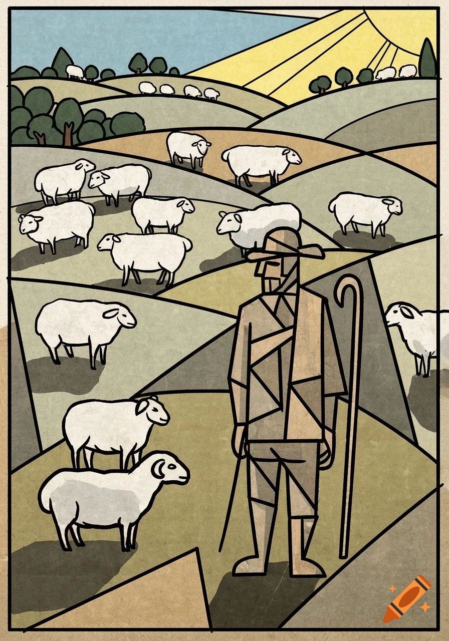 A Picasso-style drawing of a shepherd with a staff surrounded by sheep in a green field under a sunny sky.