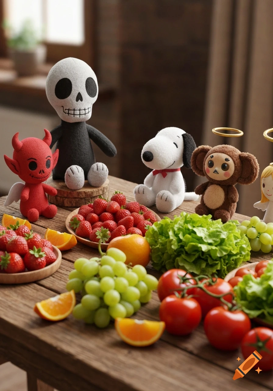 Photorealistic image of plush toys (skeleton, red devil, Snoopy, brown creature, angel) with strawberries, grapes, oranges, tomatoes, and lettuce on a wooden table.