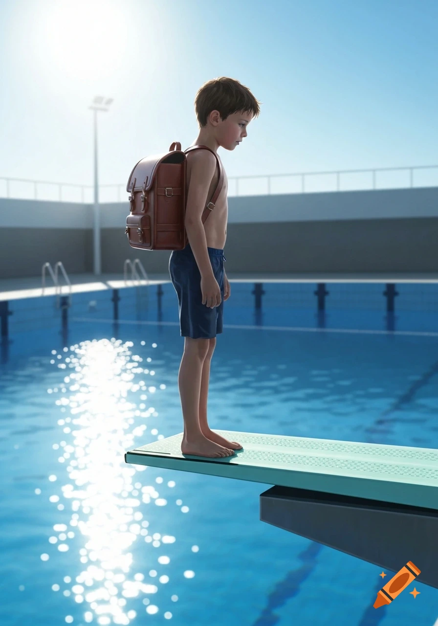 A young boy with a backpack stands on a diving board at a sunny swimming pool, looking down at the water.