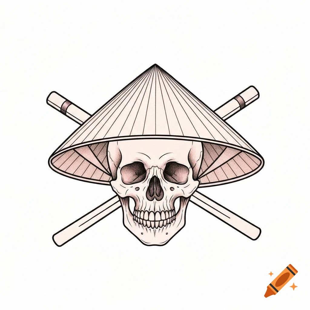 Stylized skull wearing a conical Vietnamese hat, with two crossed chopsticks behind it, in a tattoo art style.
