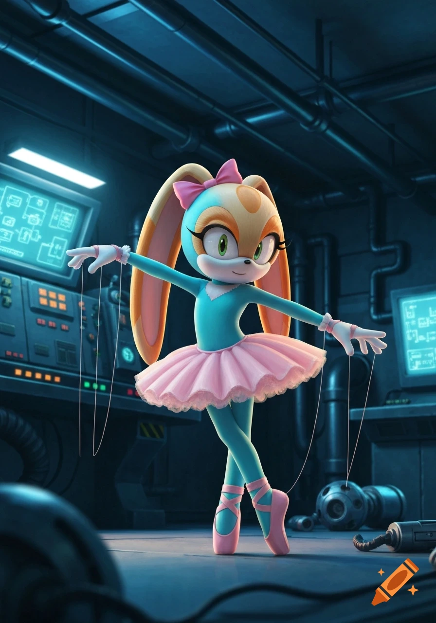 Cream the Rabbit, a cartoon rabbit character, dressed in a blue morphsuit, pink ballet tutu, and pointe shoes, with puppet strings on her arms, performing ballet in a dark, tech-filled base.