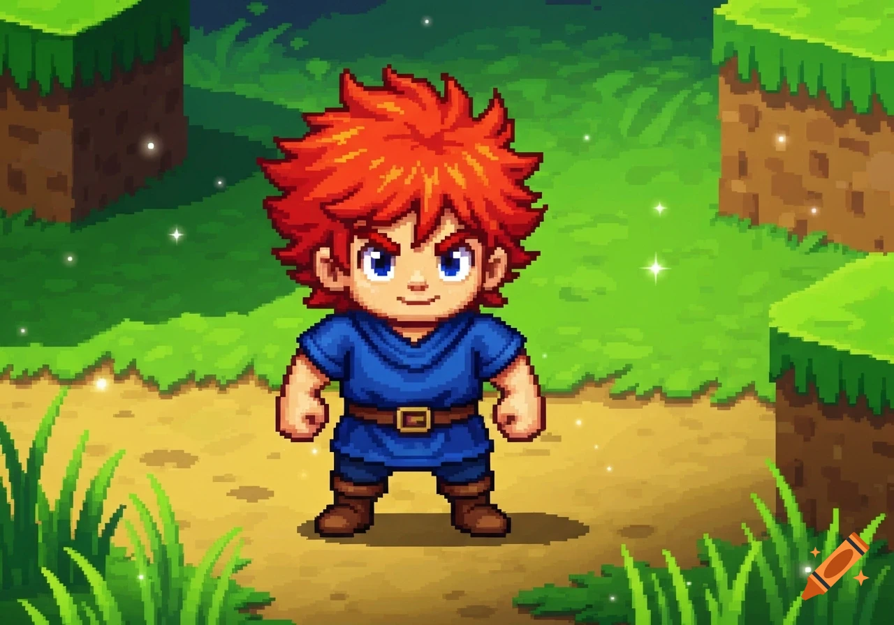 Pixel art RPG hero with spiky red hair and a blue tunic standing in a grassy, blocky landscape.