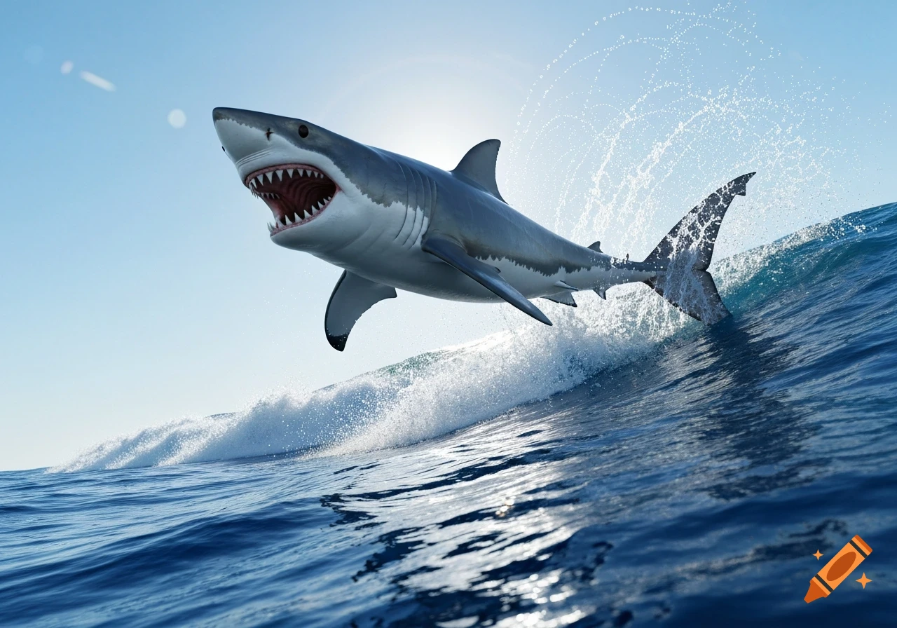 A powerful great white shark breaches, jumping high out of a deep blue ocean wave under a bright sky, mouth open.