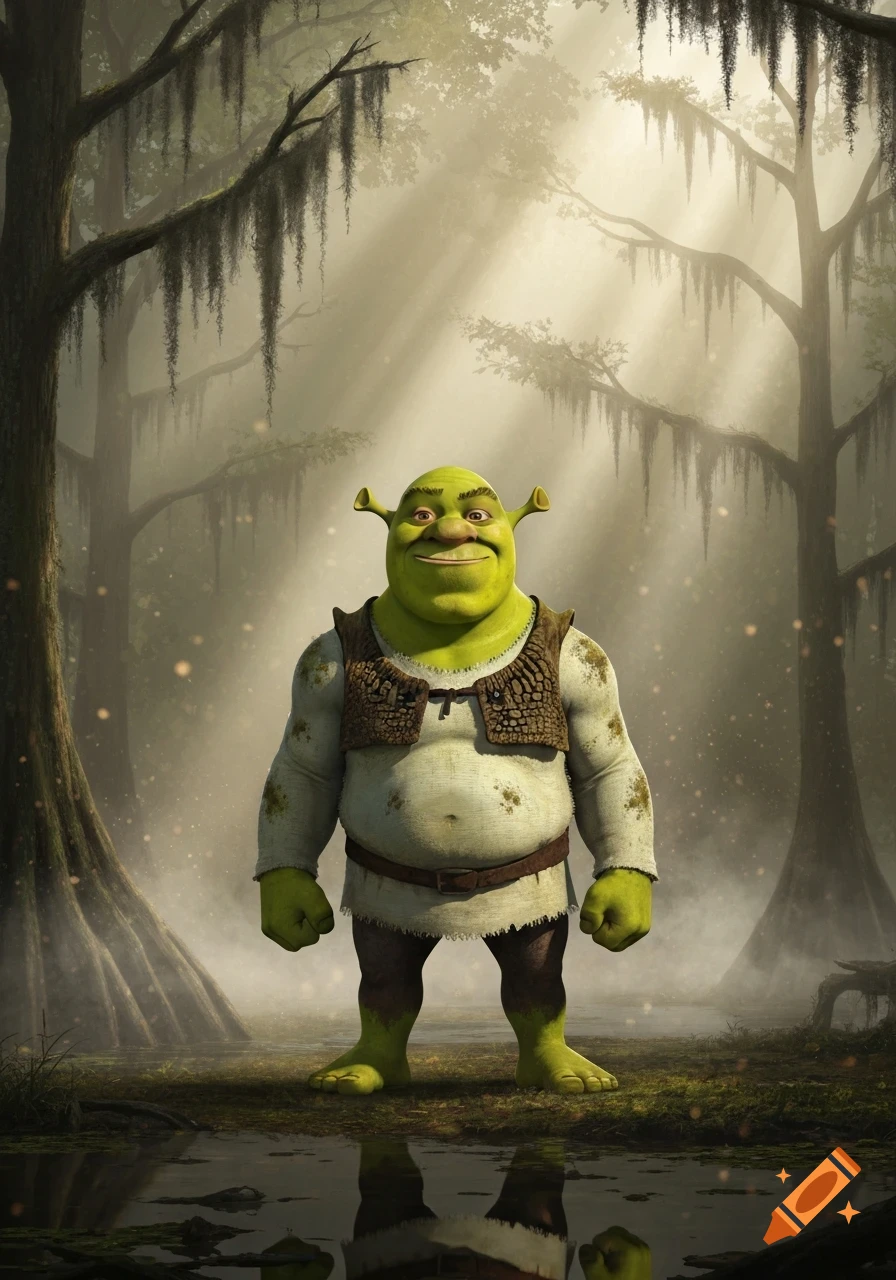 Shrek the green ogre stands in a misty, sunlit swamp with moss-draped trees, in a photorealistic style.