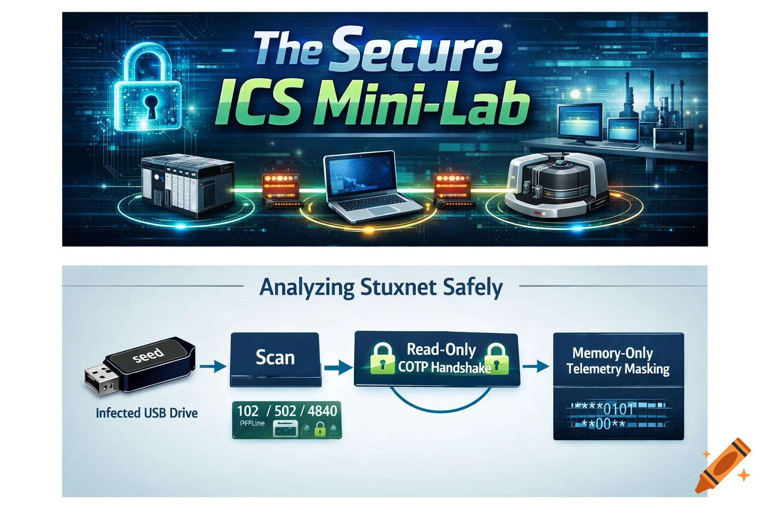 A two-part image, with the top part showing a banner 'The Secure ICS Mini-Lab' with a padlock and industrial control system equipment. The bottom part is a flowchart titled 'Analyzing Stuxnet Safely', depicting an infected USB drive, scan, read-only handshake, and memory-only telemetry masking steps.