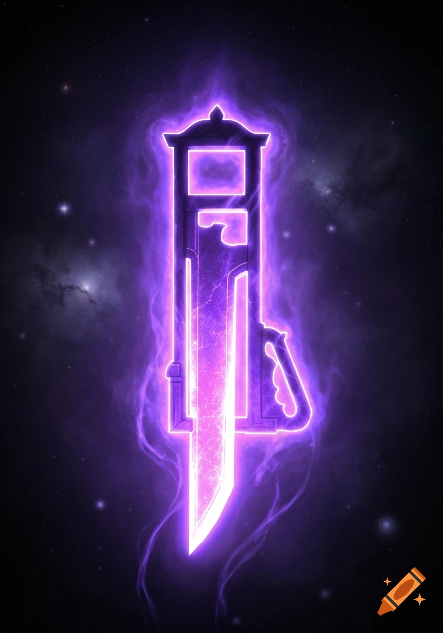 A stylized, glowing purple guillotine stands vertically against a dark starry space background with subtle nebulae.