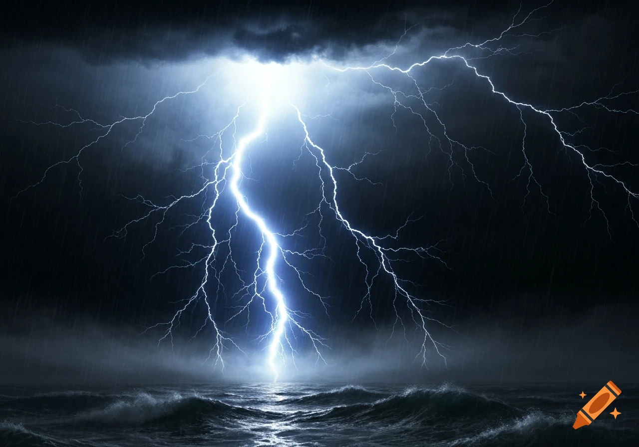 A powerful lightning bolt illuminates a dark, stormy ocean with crashing waves and heavy rain at night.