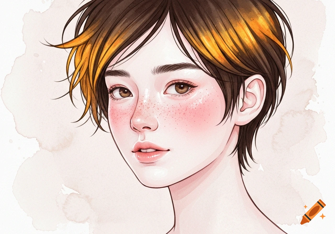 A watercolor illustration of a young woman with a messy pixie cut, amber-tipped dark hair, freckles, and rosy cheeks on a pale background.