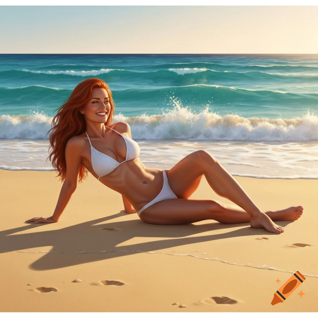 Photorealistic image of a smiling red-haired woman in a white bikini lying on a sandy beach by the ocean waves.