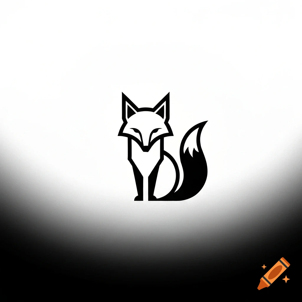Minimalist black and white fox symbol in a geometric style, set against a white to black gradient background.