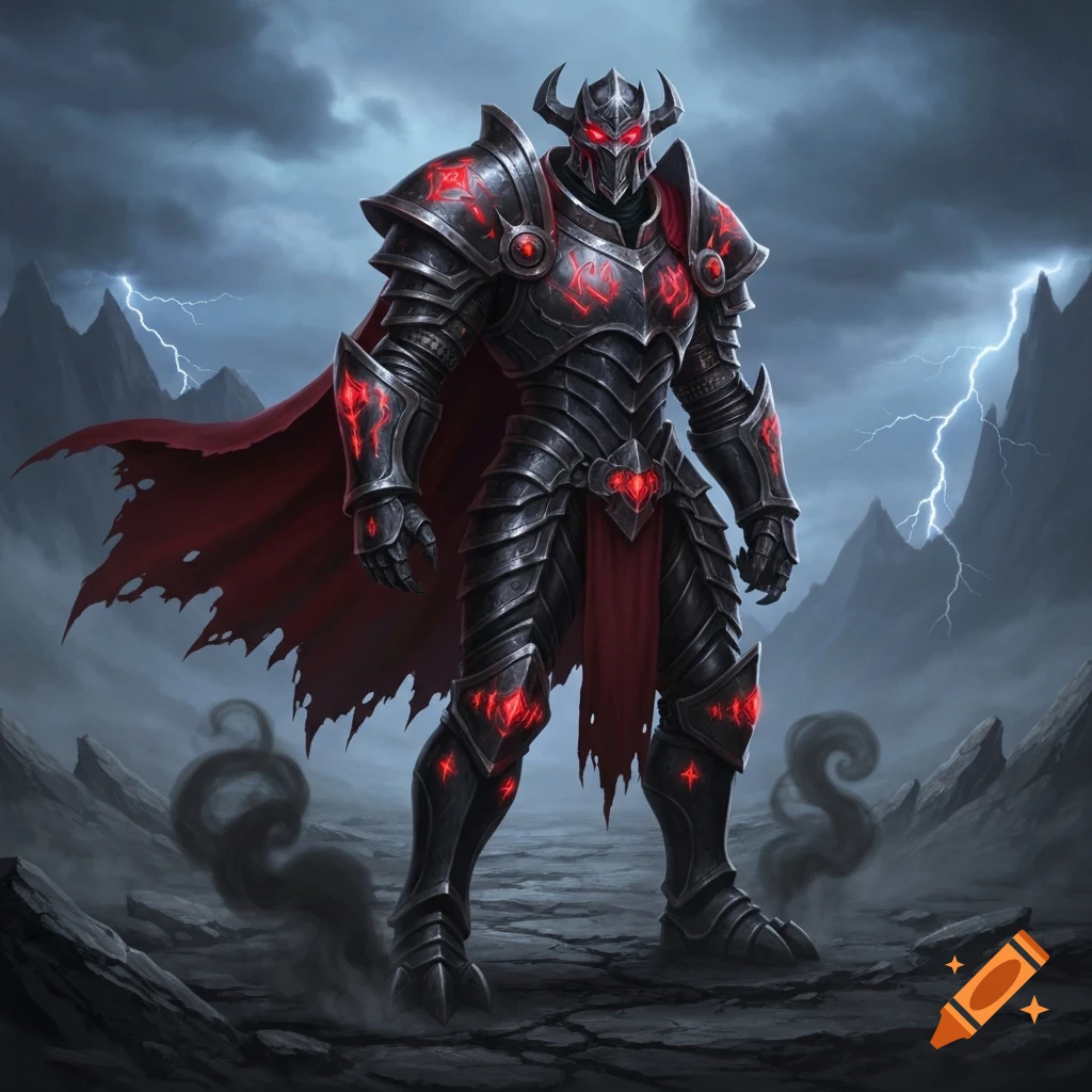 A dark fantasy knight in black and red demonic armor stands on a rocky terrain with lightning in the stormy sky.