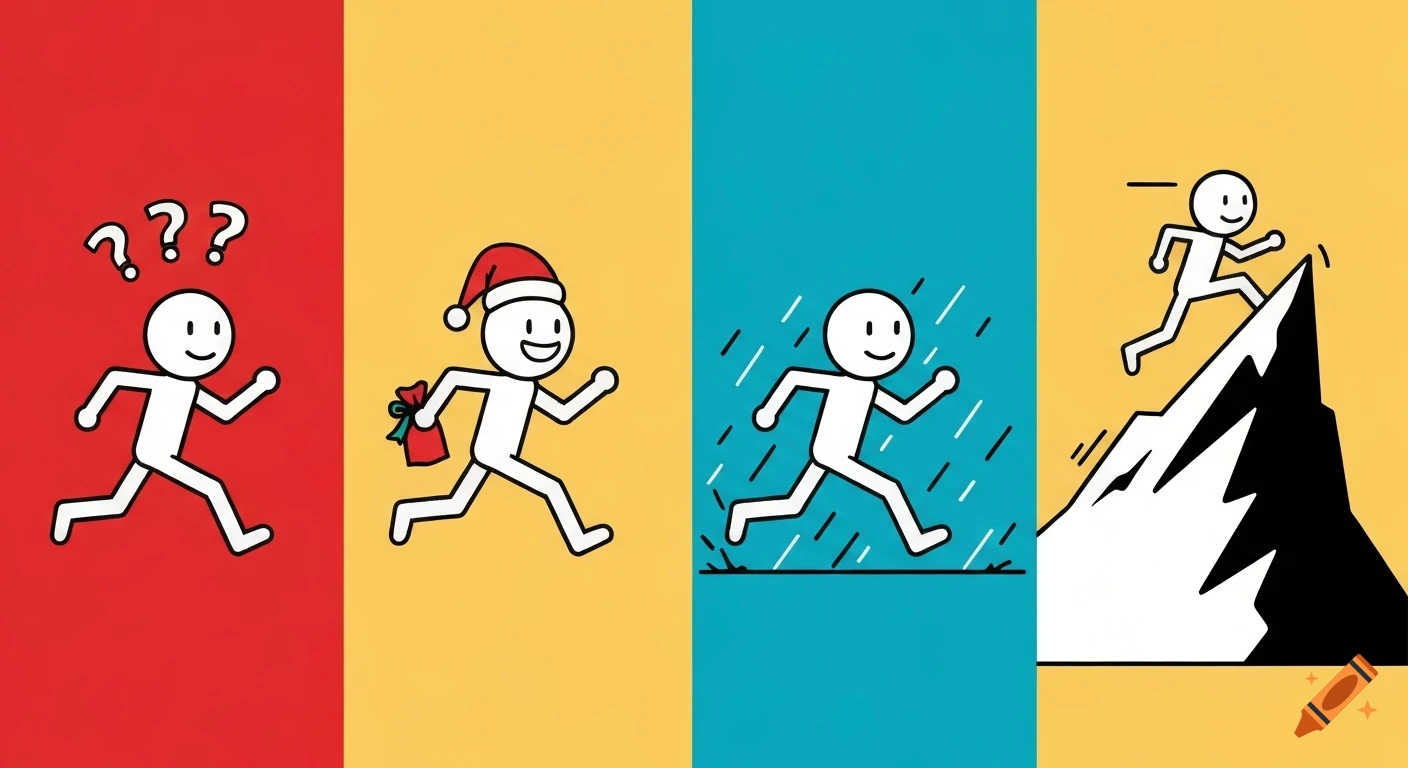 Minimalist illustration of a stick figure running across four panels: looking lost, as Santa, in rain, and up a mountain.