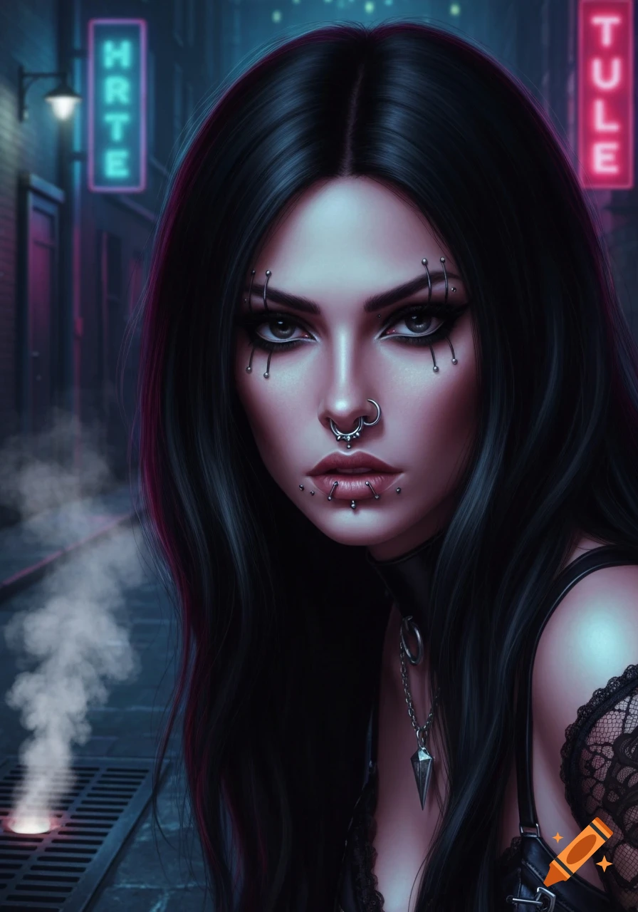 Close-up portrait of a goth woman with long black hair, numerous facial piercings, dark makeup, and a choker, standing in a dimly lit alley with neon signs.