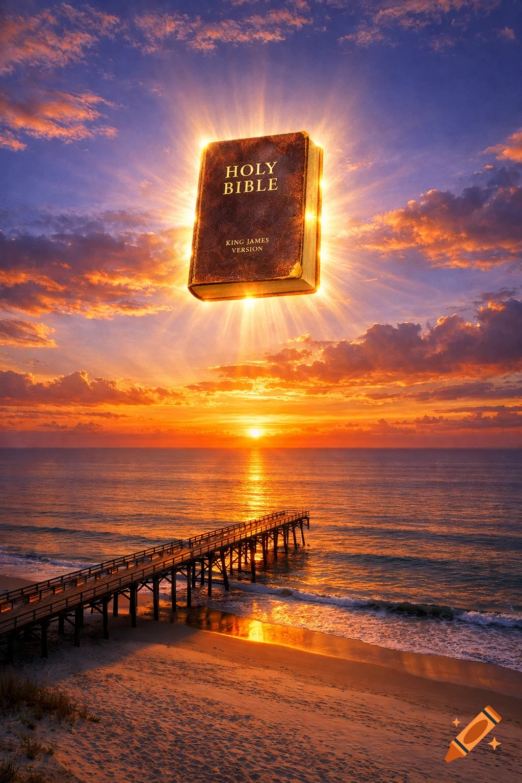 A glowing Holy Bible floats in a vibrant sunset sky above a wooden pier extending into the ocean, with a beach foreground.