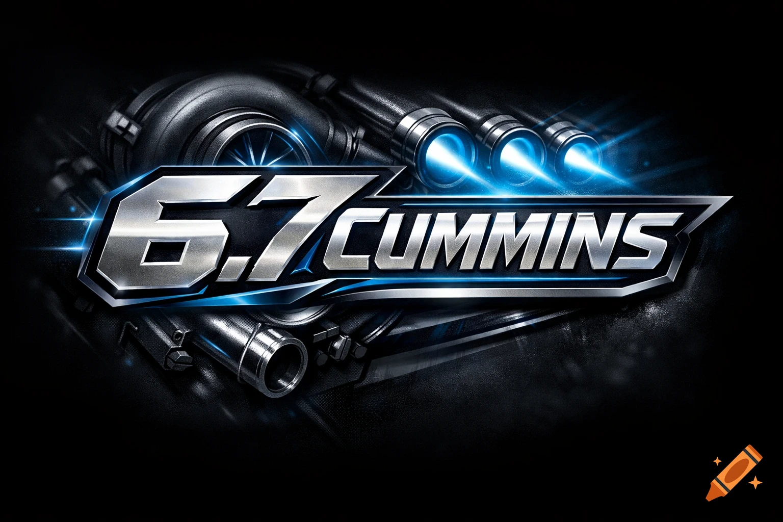 A metallic '6.7 CUMMINS' logo with blue glowing engine components in a stylized design.