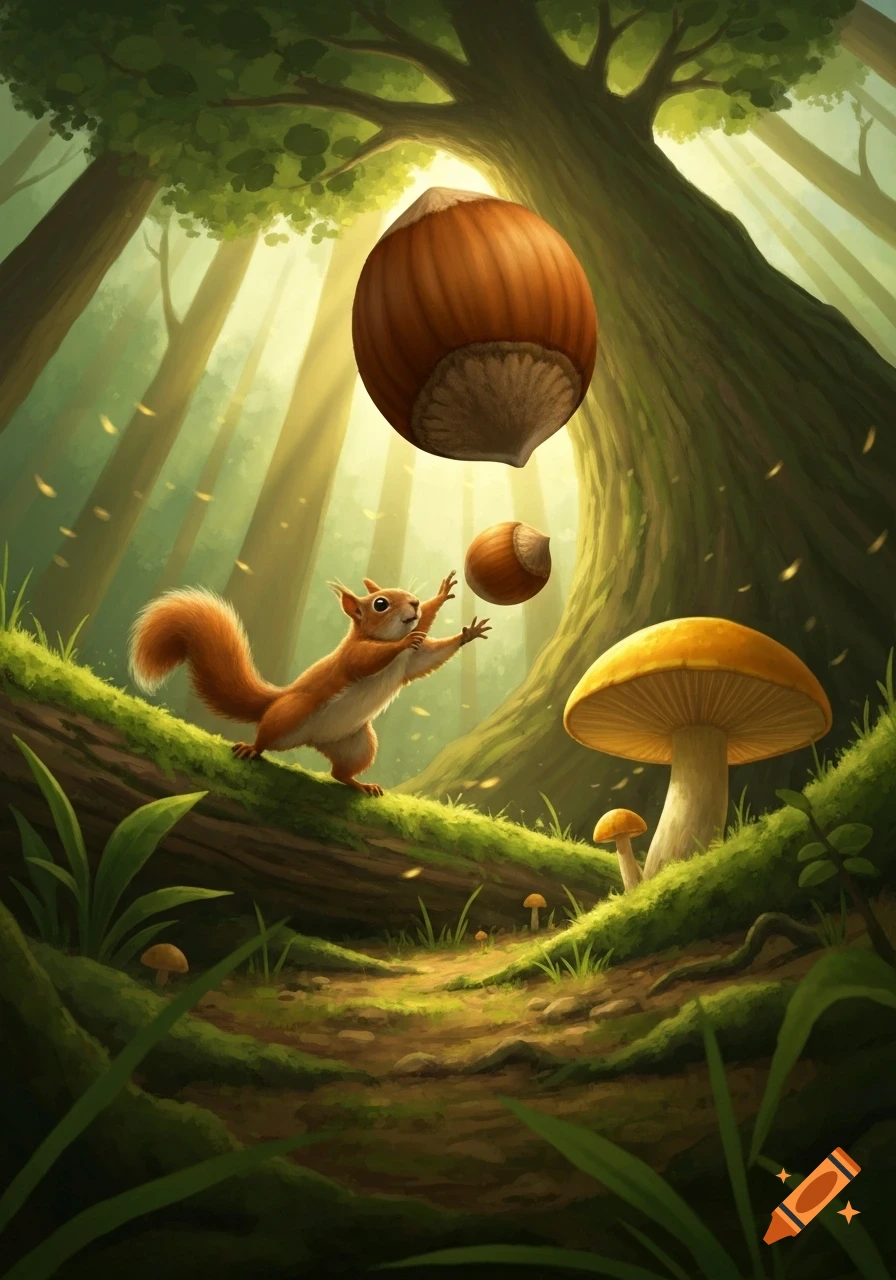 A cartoon squirrel on a mossy log reaches for large falling hazelnuts in a sunlit fantasy forest with mushrooms.