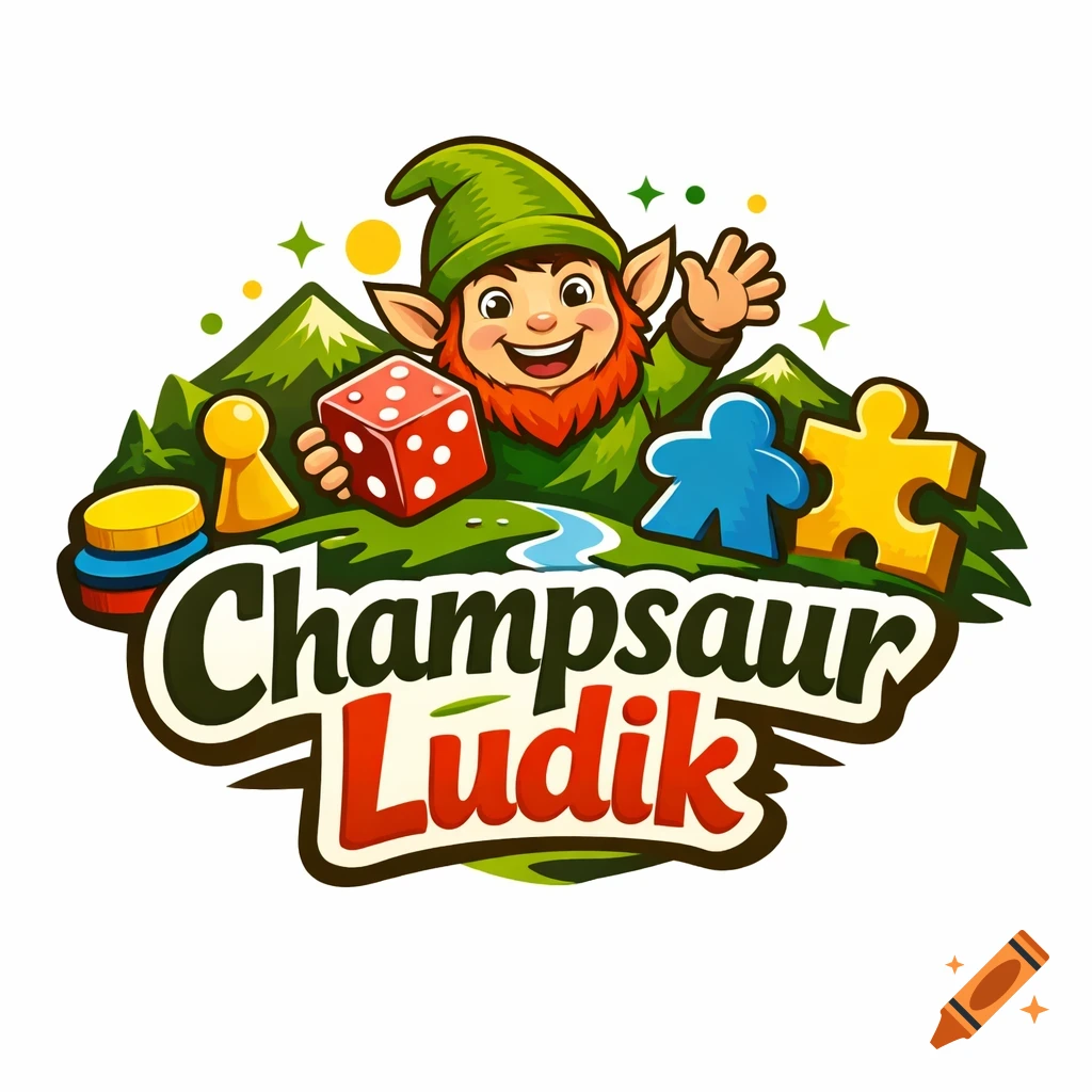 Colorful cartoon logo of a cheerful gnome with board game pieces, mountains, and the text 'Champsaur Ludik'.