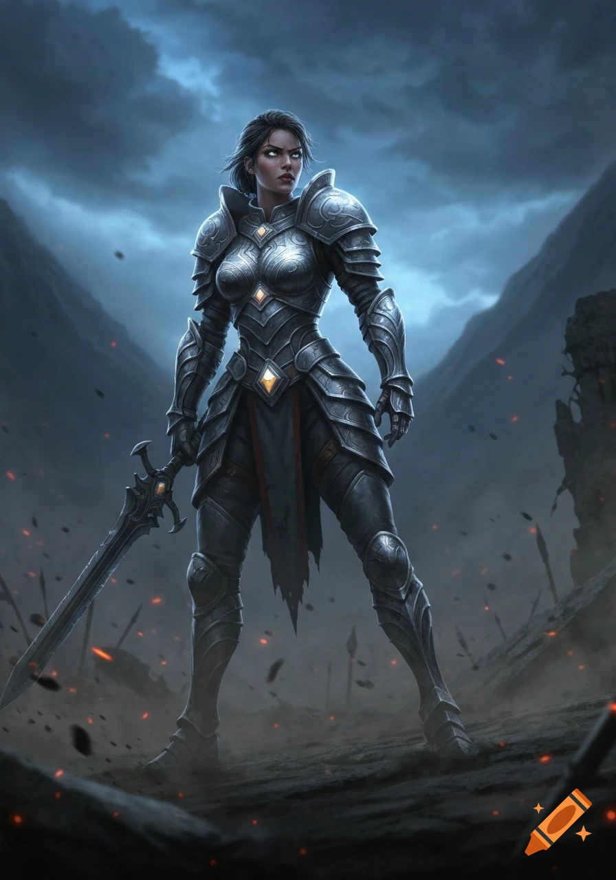 A female warrior in intricate dark armor stands with a sword in a desolate, mountainous landscape under a cloudy sky.