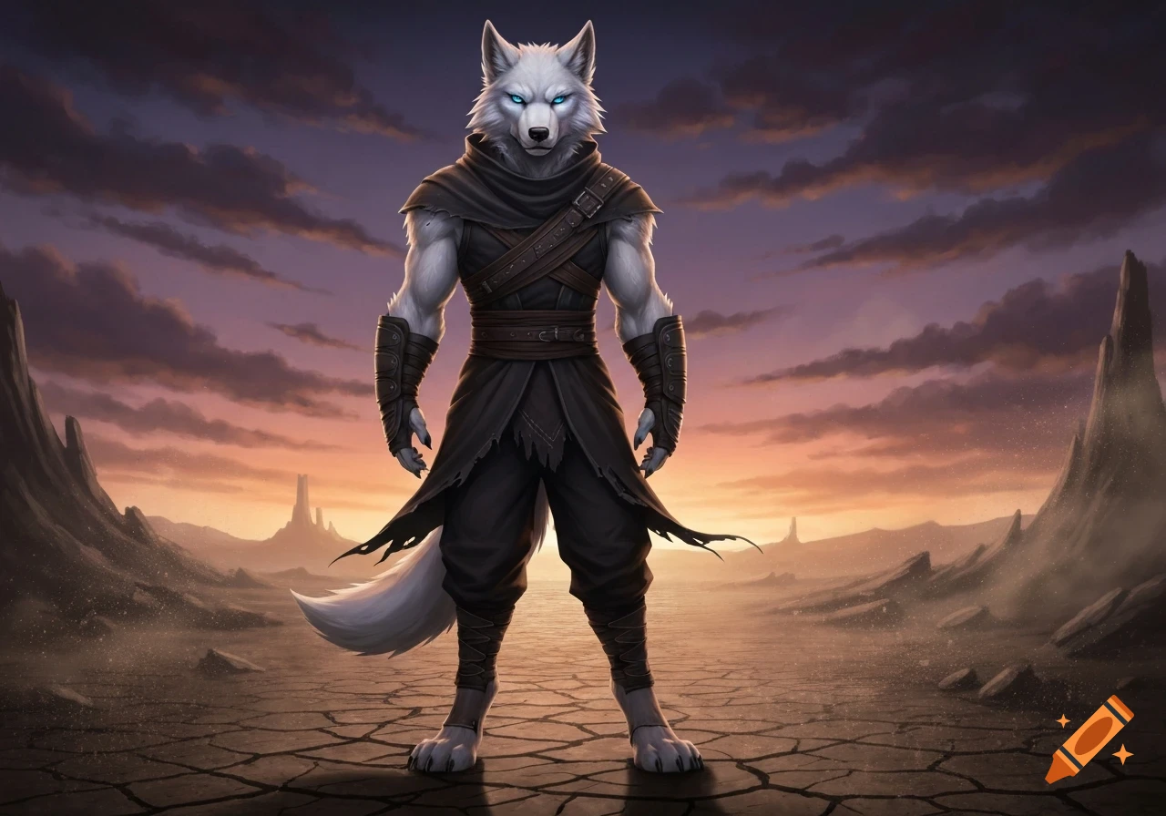 A powerful white-furred anthropomorphic wolf in dark, tattered clothing stands defiantly on a cracked desert ground at sunset.