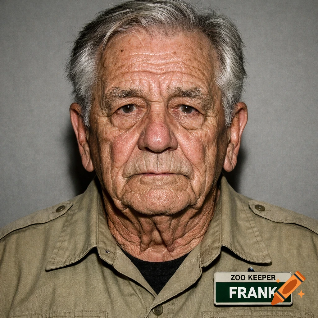 Close-up, photorealistic portrait of an elderly male zookeeper with a wrinkled face and grey hair, wearing a khaki uniform and name badge.