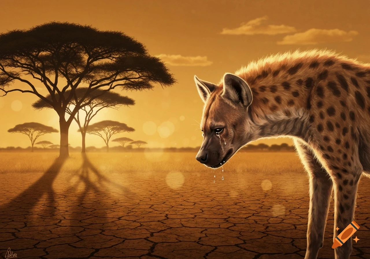 A photorealistic depiction of a hyena crying in a dry, cracked savanna with acacia trees against a golden sky.