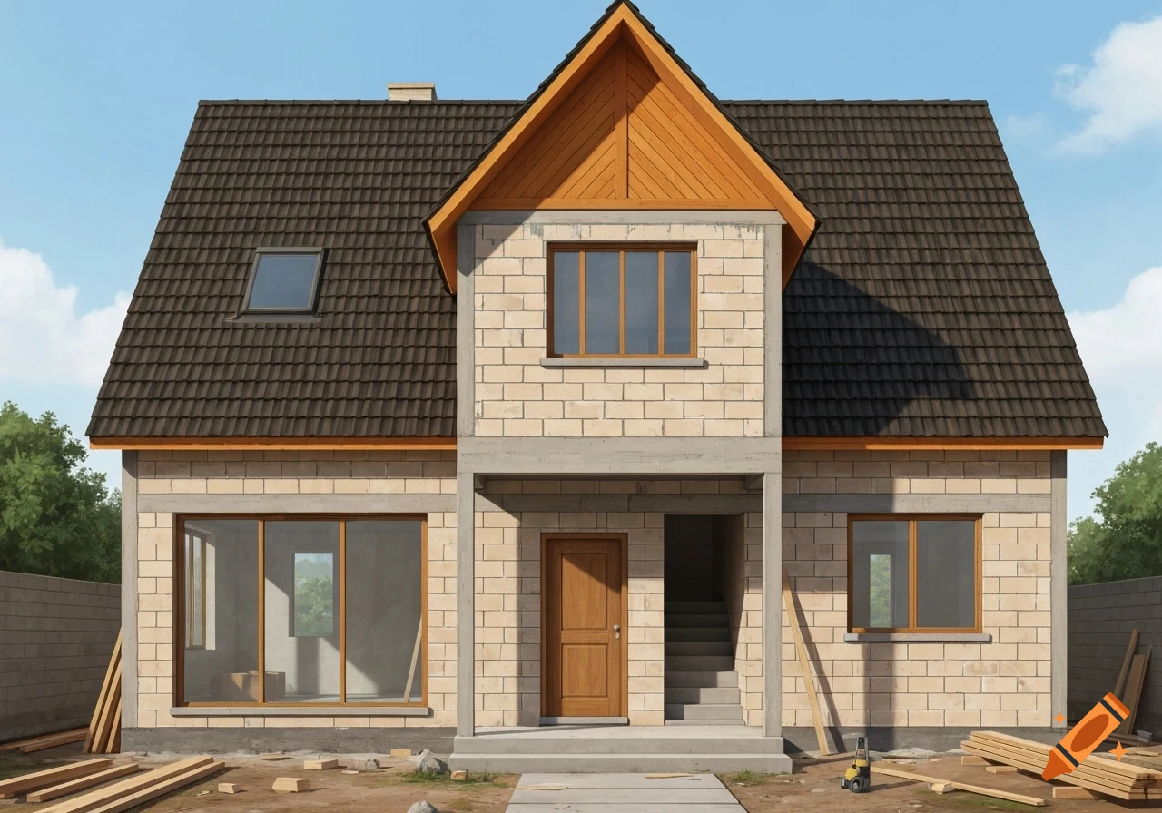 Photorealistic front view of a two-story house under construction, with beige brick walls, a dark tiled roof, and construction materials on the ground.