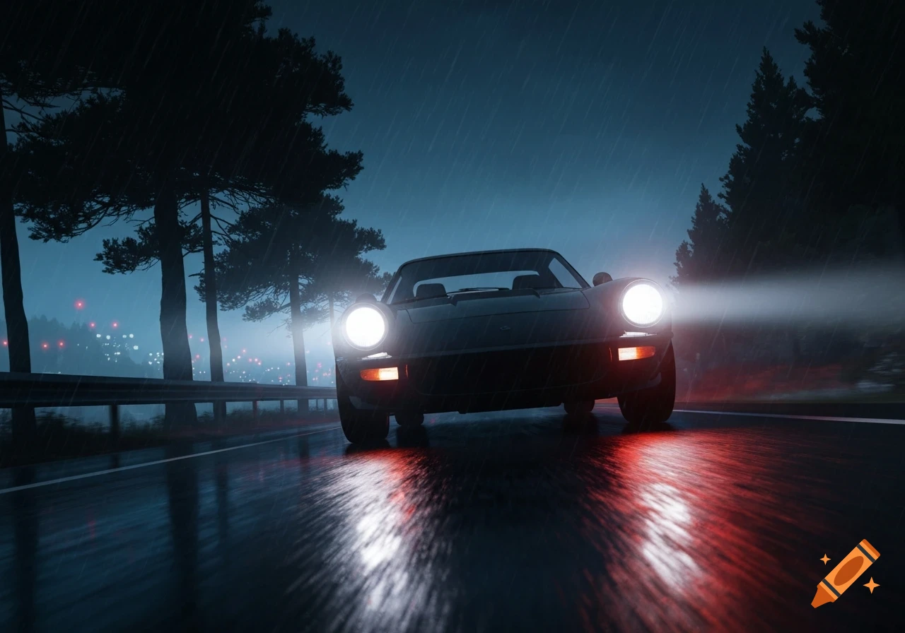 A dark sports car drives on a wet road at night in the rain, with bright headlights reflecting on the asphalt.
