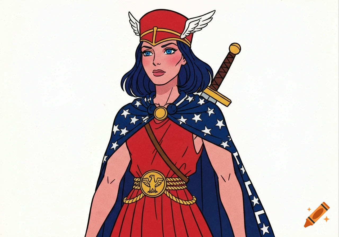 A cartoon woman in a red chiton, blue star-spangled cape, winged red cap, and a sword on her back.