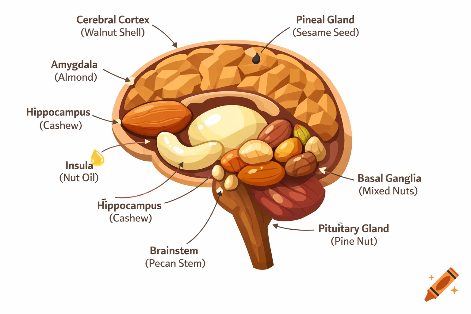 A cute, educational diagram of a human brain in sagittal cutaway view, with different nuts representing various brain parts and labeled accordingly.