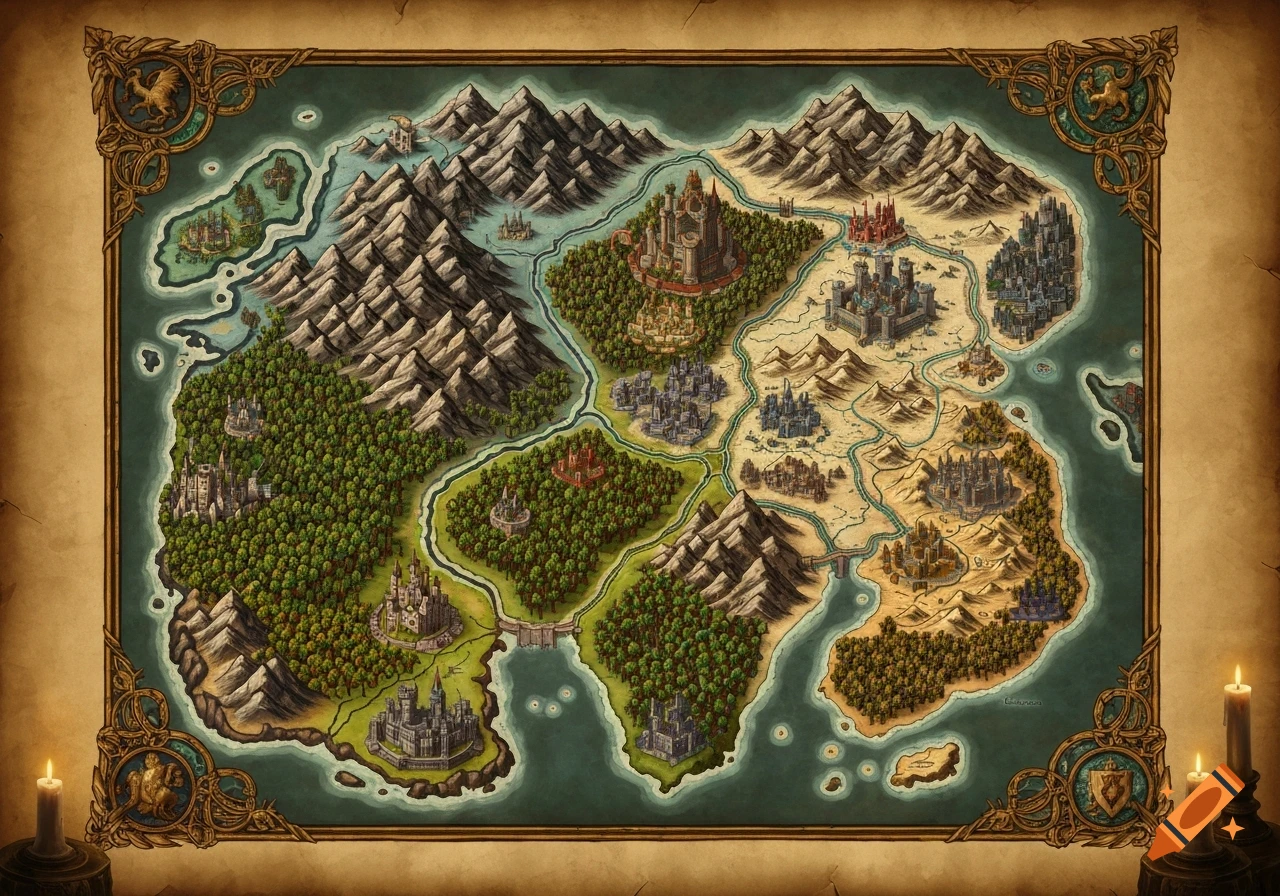 A detailed fantasy map of a continent with mountains, forests, rivers, castles, and cities, set on a scroll with candles.