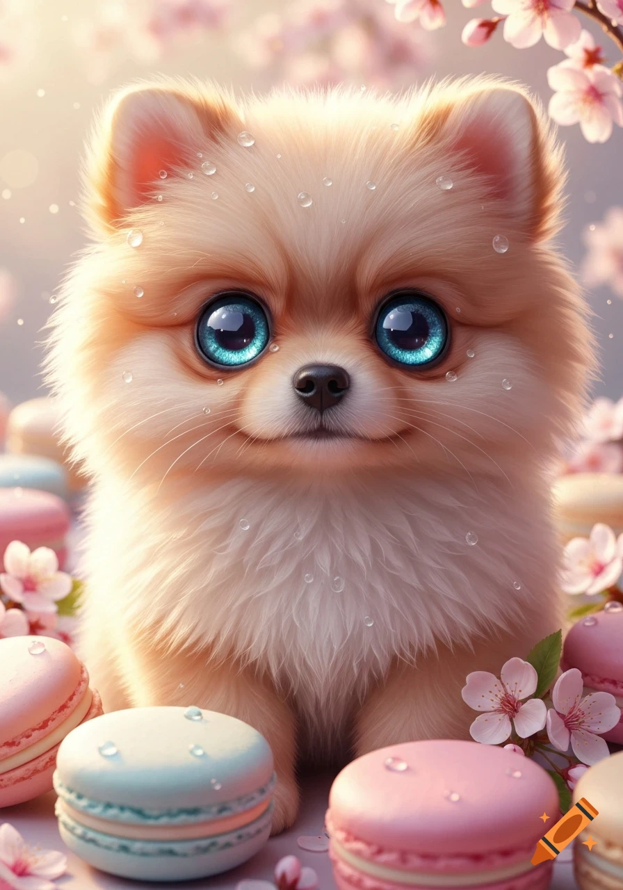 A fluffy, adorable Pomeranian-like puppy with huge blue eyes sits among pink and blue macarons and cherry blossoms.