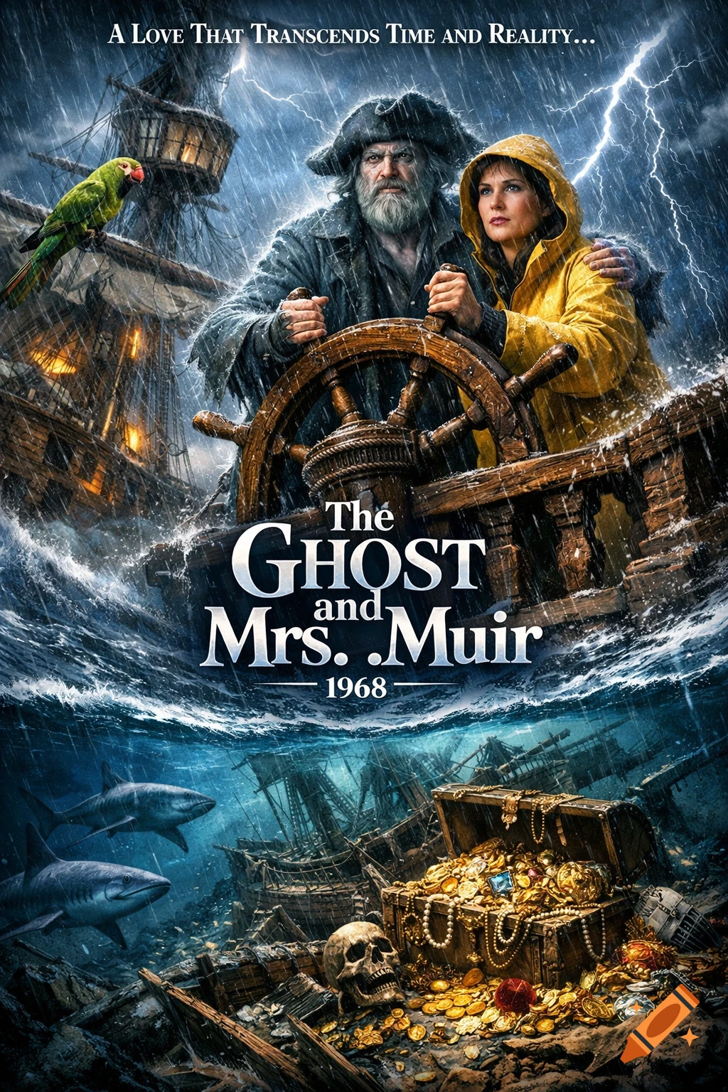 Photorealistic movie poster for "The Ghost and Mrs. Muir" with a ghost captain and a woman steering a ship in a storm, with sharks and sunken treasure below.