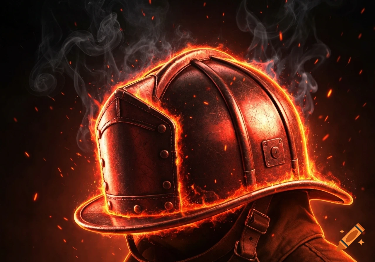 A close-up of a detailed firefighter helmet engulfed in bright orange and red flames with smoke rising against a dark, dramatic background.