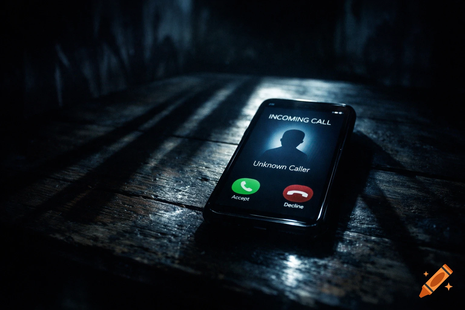 Photorealistic close-up of a smartphone on a dark surface, showing an 'Incoming Call' from 'Unknown Caller' with a silhouette, ominous shadows.