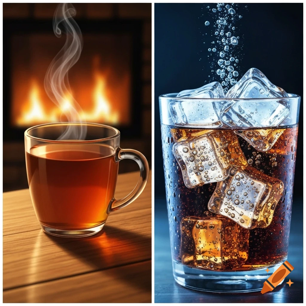 A diptych featuring a steaming hot cup of tea by a fireplace on the left, and a cold glass of soda with ice cubes and bubbles on the right.